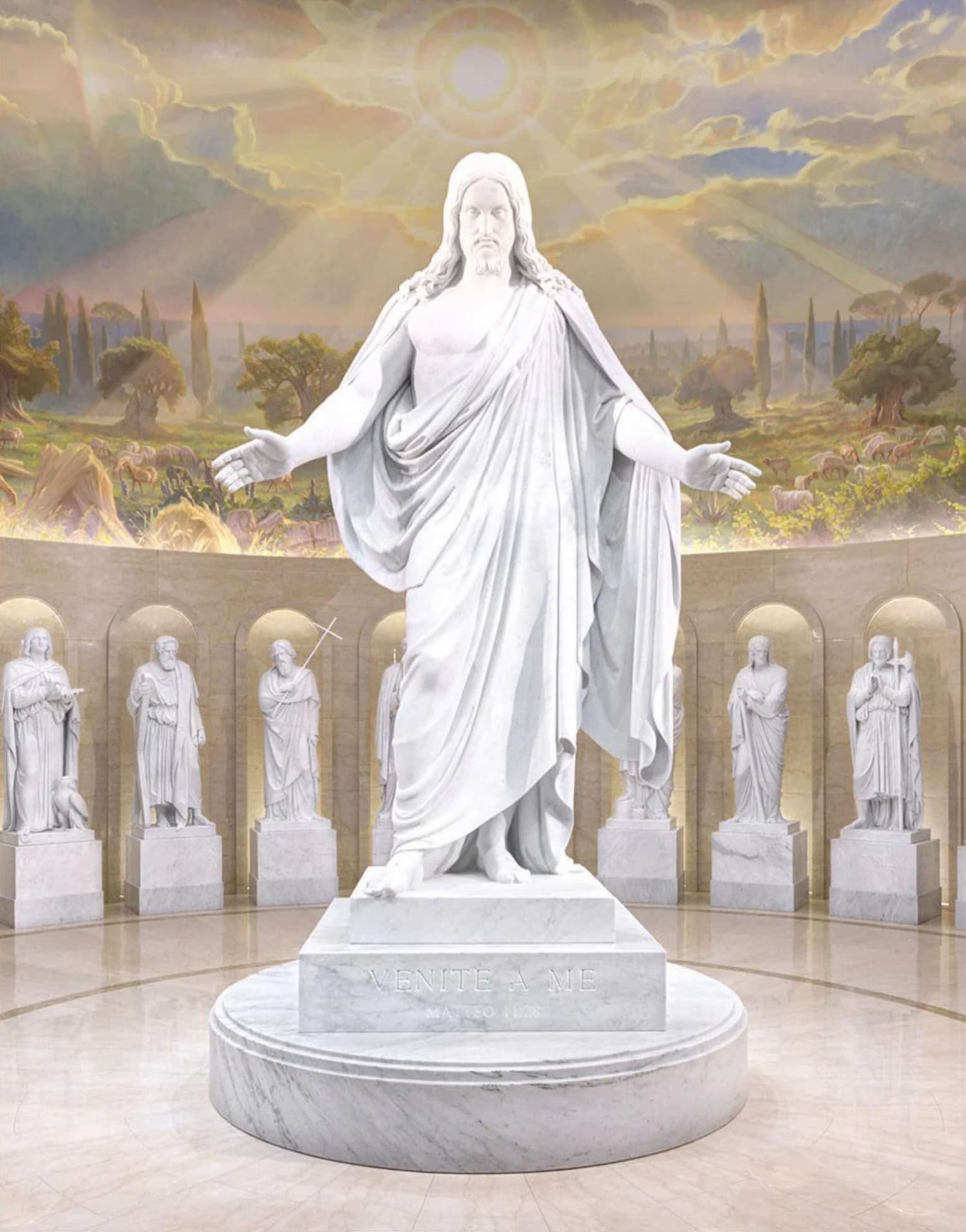 White marble Christus statue of the resurrected Jesus Christ with arms outstretched, before a mural and statues of the apostles
