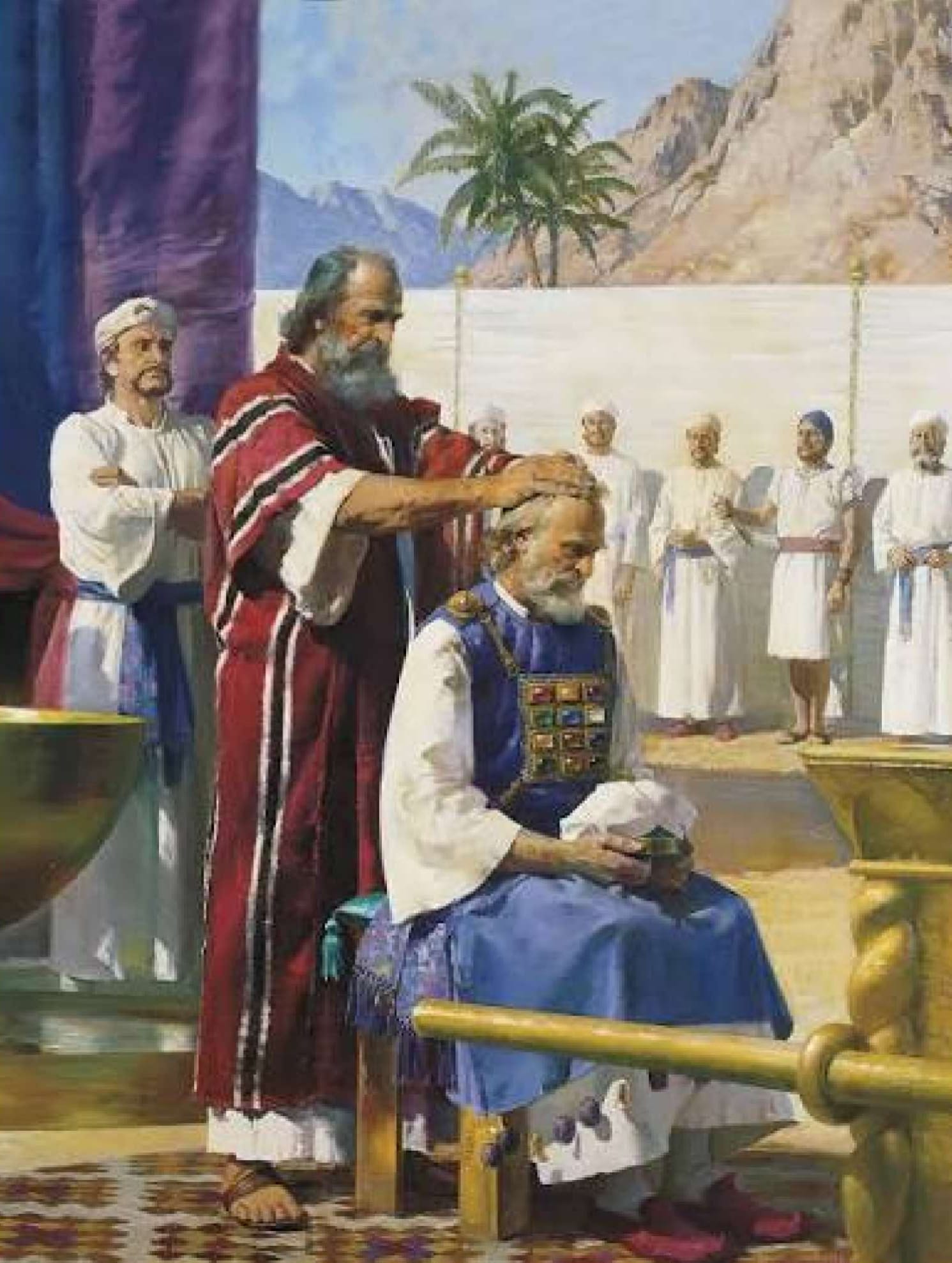 Painting of Moses laying his hands on the head of Aaron, who is seated, with priests in white robes looking on